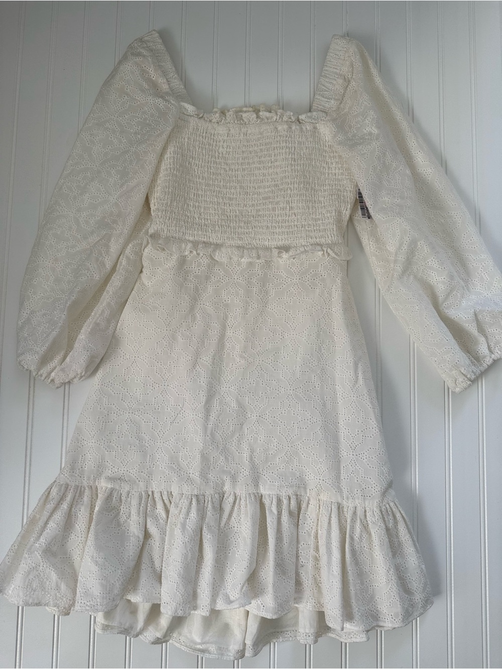 Women’s Veronica beard cream Eyelet Smocked Dress with Ruffle Hem